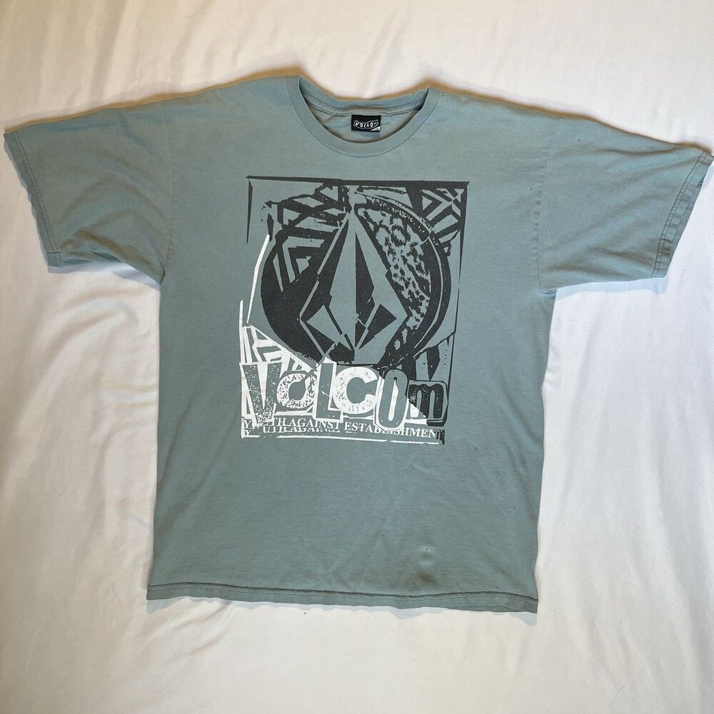 Volcom Youth Against Establishment Mens Crew Neck Blue Graphic T Shirt Size L